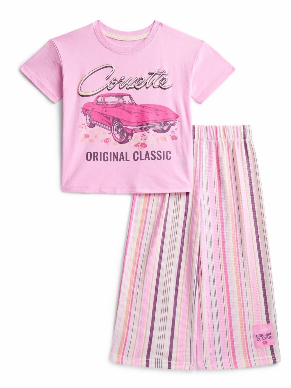 (82)Corvette Graphic Tee and Stripe Pants Outfit Set for Toddler Girls SIZE (2T)